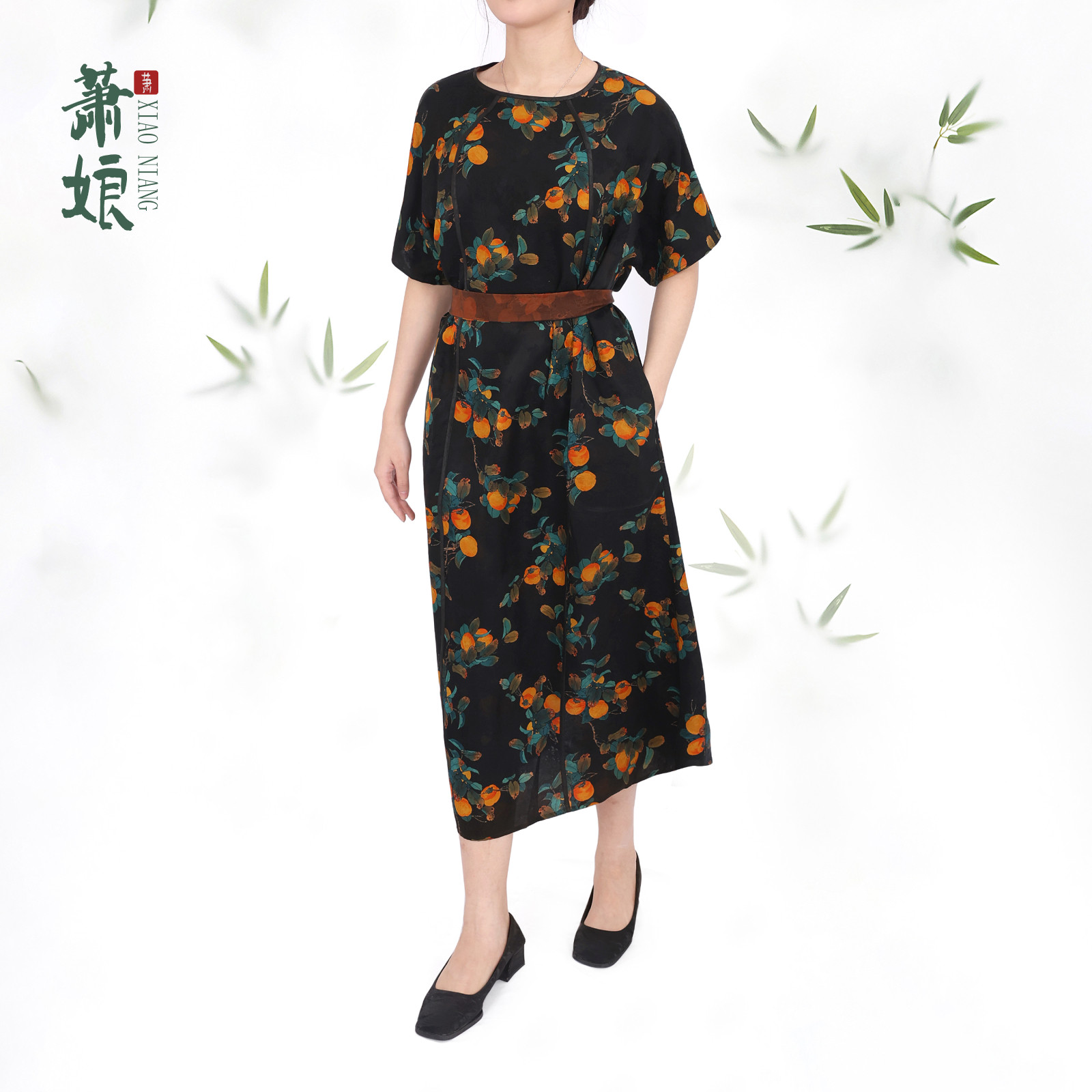 萧娘【栀夏】红云纱连衣裙桑蚕丝圆领短袖新中式宽松气质女裙5139