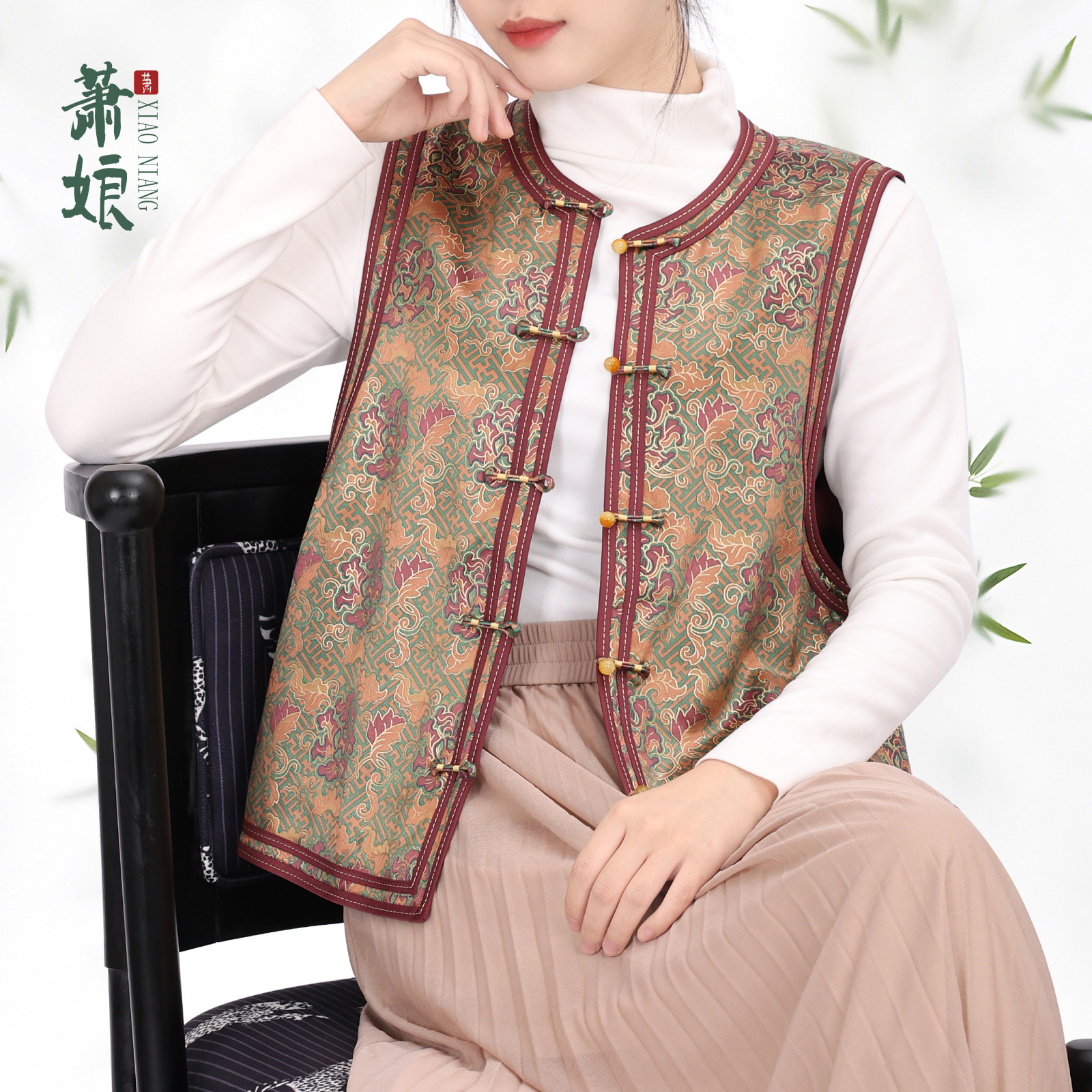 萧娘【半窗疏影】重缎烫金香云纱马夹新中式桑蚕丝款马甲秋冬5385