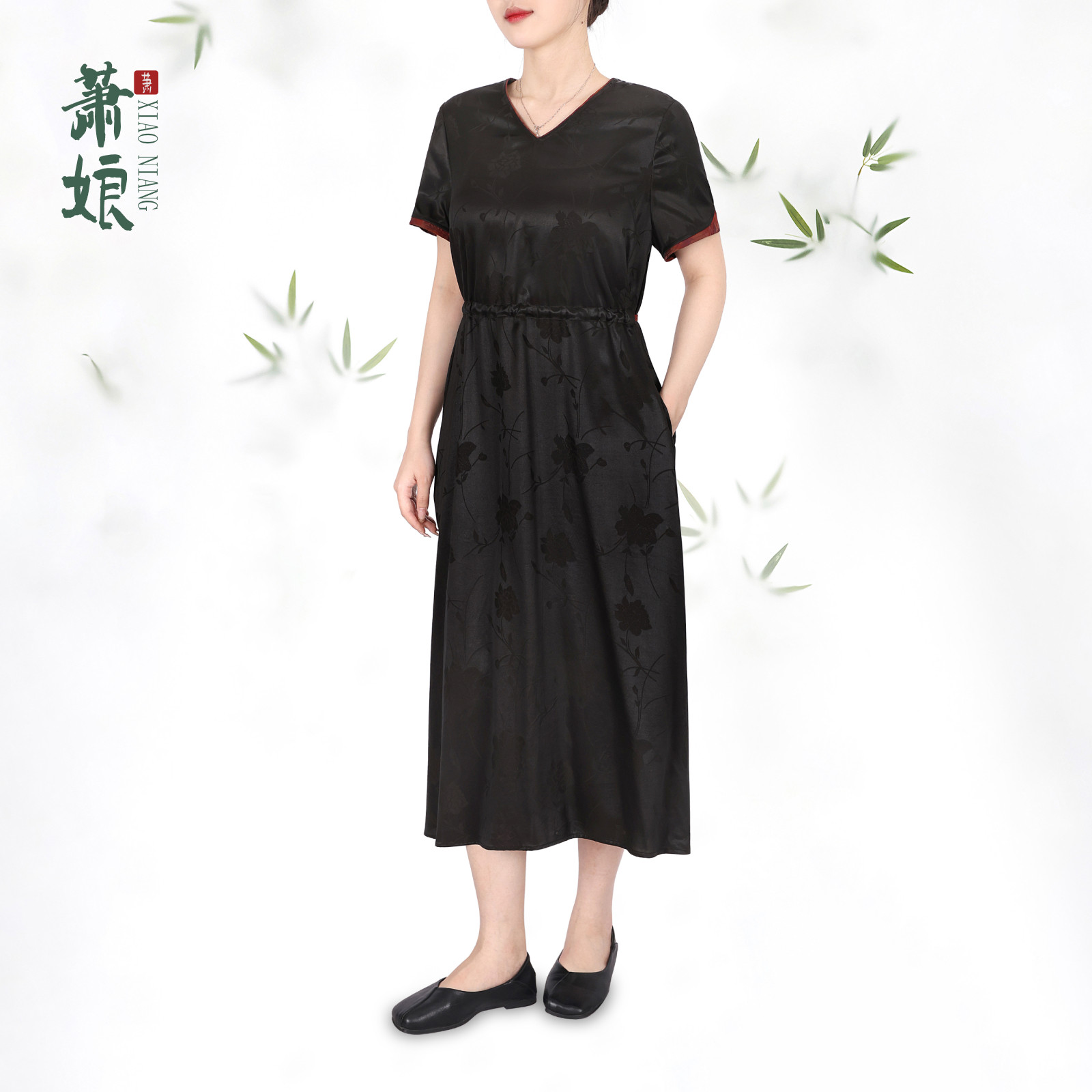 【扶瑶】提花弹力缎连衣裙新中式休闲国风气质短袖女裙5108