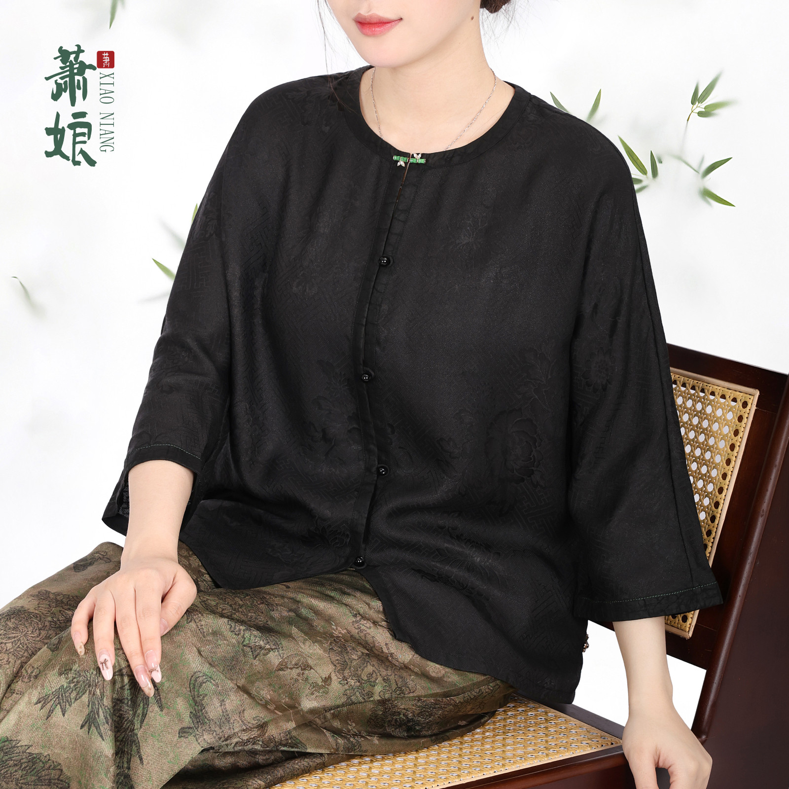 萧娘【云宸】花罗香云纱新中式短外套宽松桑蚕丝开衫上衣5136