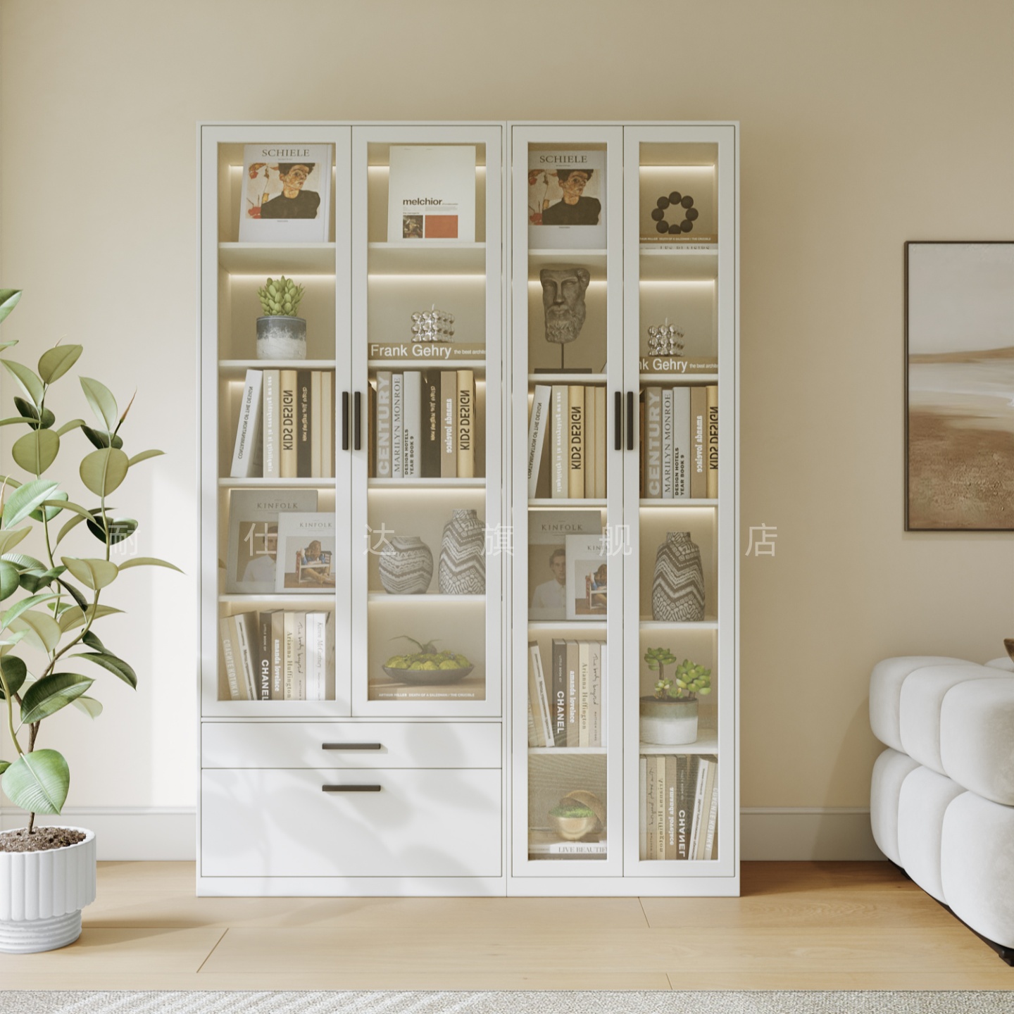 钢制书柜带玻璃门家用收纳柜一体客厅防尘置物儿童铁艺书架展示柜