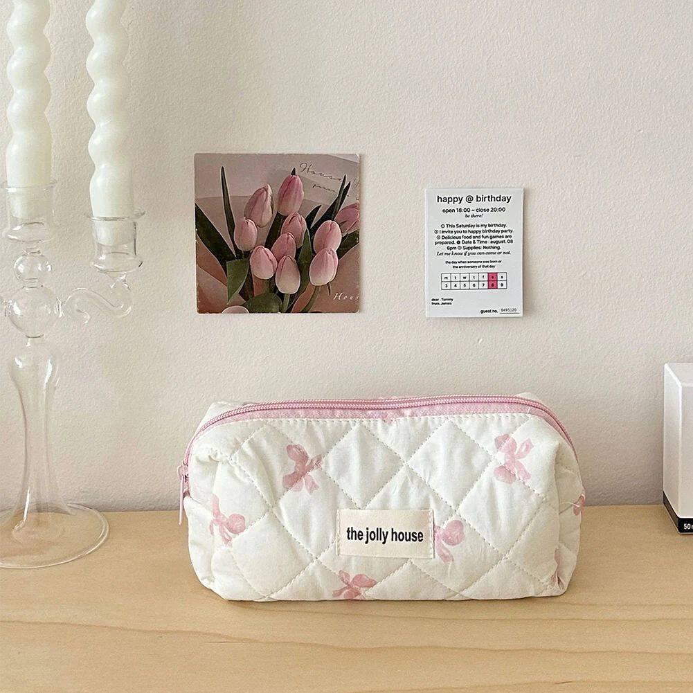 thumbnail for Women Cosmetic Bag Cotton Quilted Cute Bow Makeup Pouch Trav