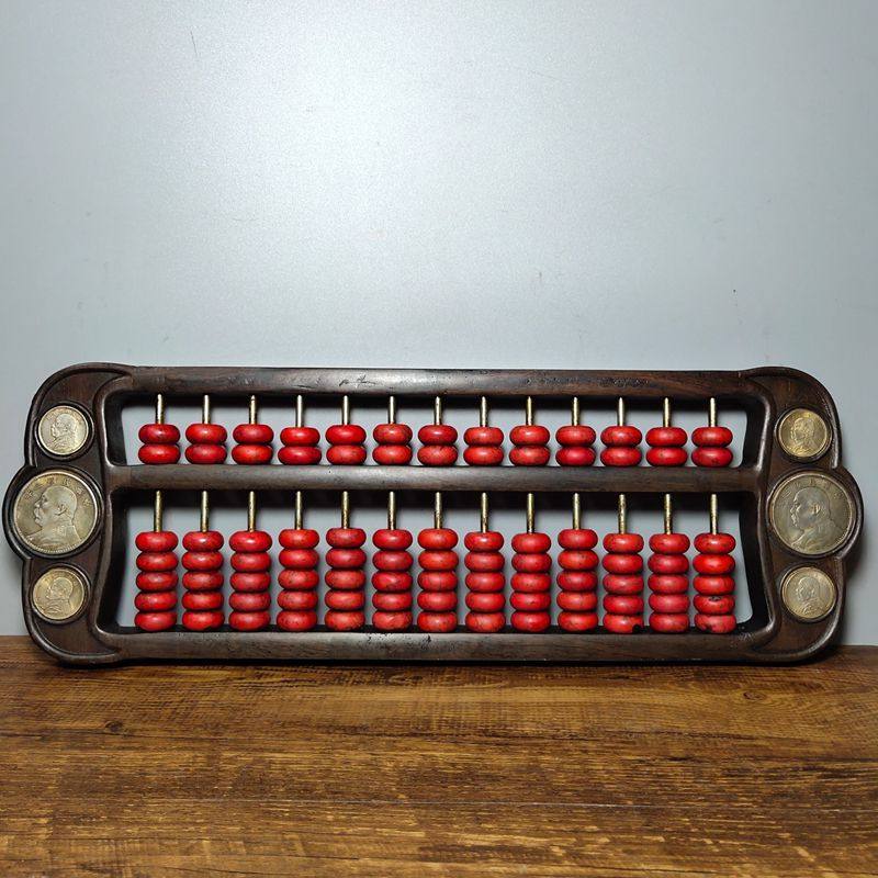 厂家直销古玩杂项工艺品做旧花梨木红色珠子算盘道具摆件