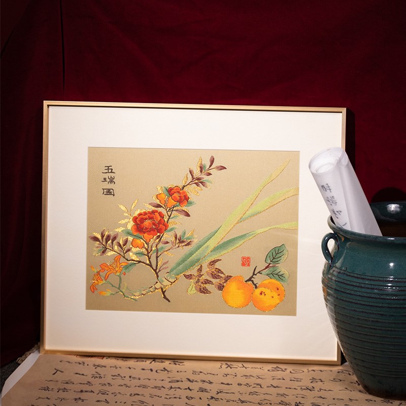 南京云锦研究所非遗礼品五瑞图沙发背景墙装饰画客厅卧室餐厅挂画