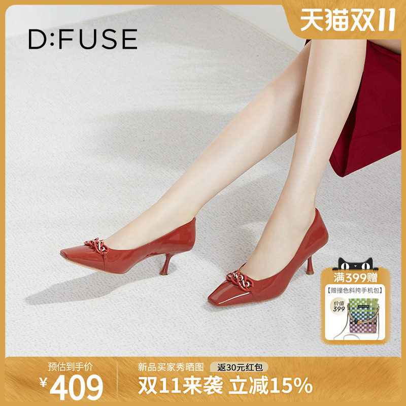 Dfuse迪芙斯秋季新款漆面牛皮双色链条单鞋高跟鞋