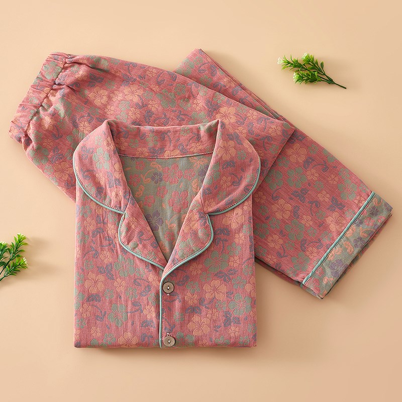 女士休闲居e家服四季款纯棉长袖睡衣薄款全棉双层纱布家居服套装