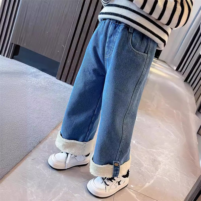 女童加绒牛仔裤秋冬季2024新款冬款儿童装女宝宝加厚W冬装阔腿裤