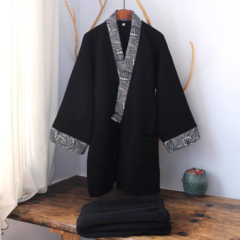 秋冬纯棉汉服男睡衣大码家居服中国风复古长裤套装宽Z松古风拼色