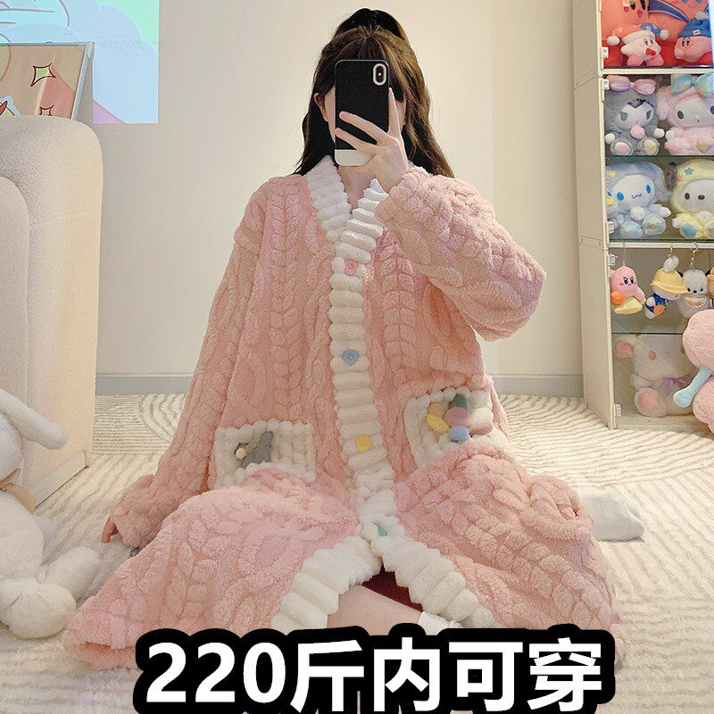 冬季珊瑚绒睡裙女k加绒加厚睡衣女加肥加大码200斤中长款睡袍女款