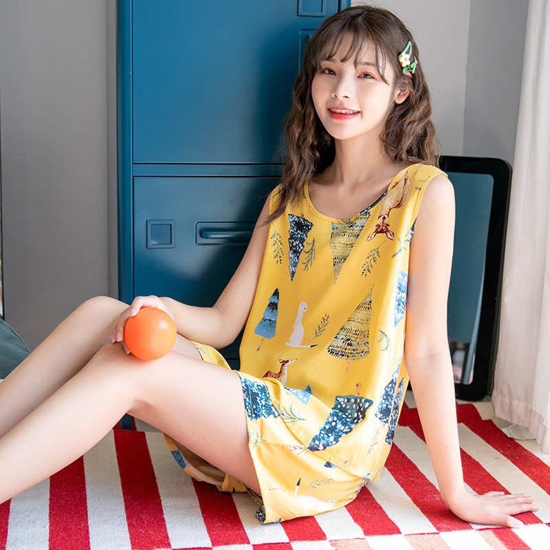 睡衣女夏棉绸韩版小m清新学生无袖短裤家居服女夏天宽松背心可外