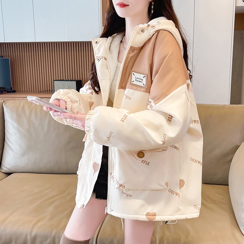 加绒加厚工装外套少女秋冬202z4新款初高中学生休闲印花羊羔毛棉