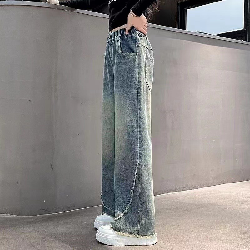 童装女童牛仔裤2024春秋新款女童中大童L复古怀旧牛仔阔腿长裤潮