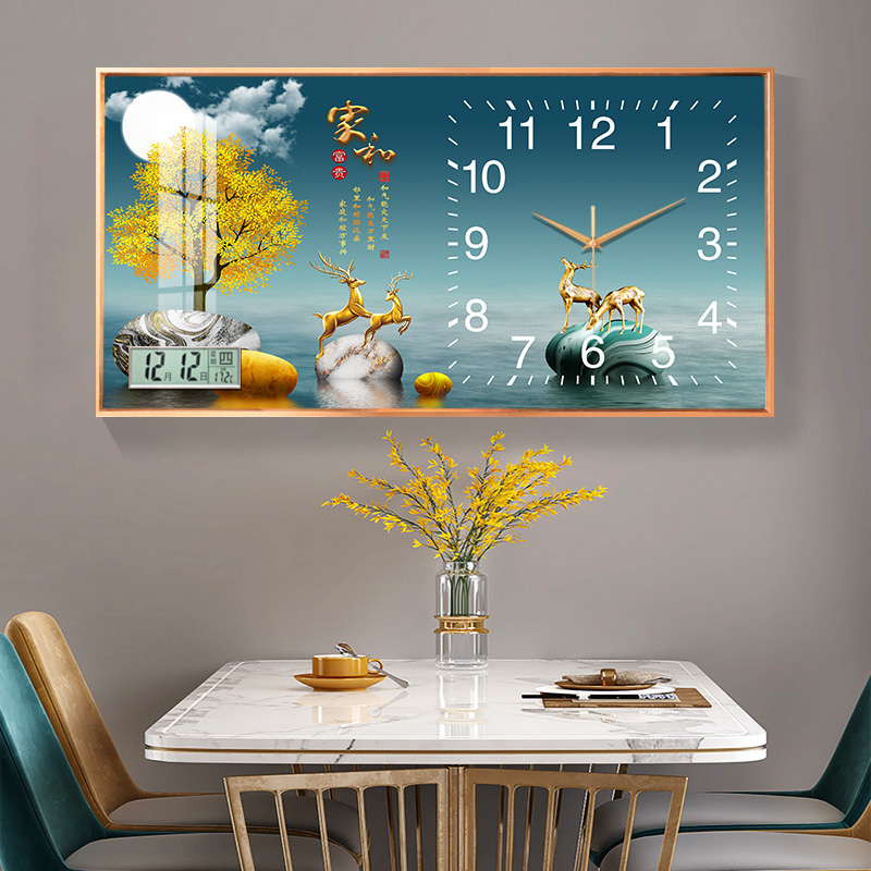万年历202g4年新款餐厅装饰画电子钟表挂钟免打孔客厅家用时钟画