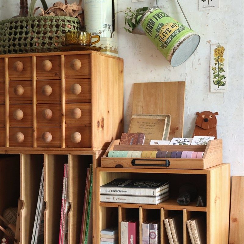 叁杉家居复古书桌办公桌面小书架儿童小型置物架木质多Z功能收纳