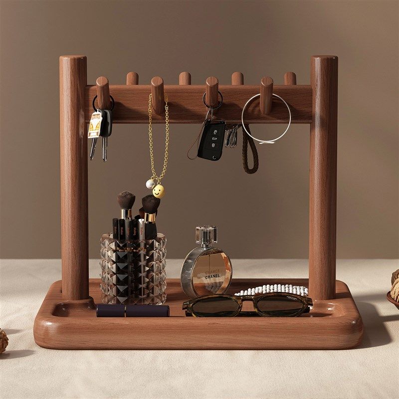 钥匙收纳玄关摆件入户桌面上置物架中古风实木Q挂架眼镜手表摆放