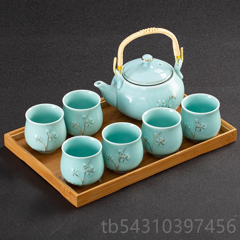 正品玉描金家梅花具提梁壶茶套装陶瓷防烫简约用瓷大容量茶壶茶杯