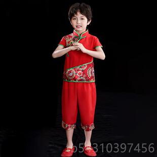 正品六一新款儿童秧歌舞蹈演男服女红色喜灯笼打鼓服开出门红扇子