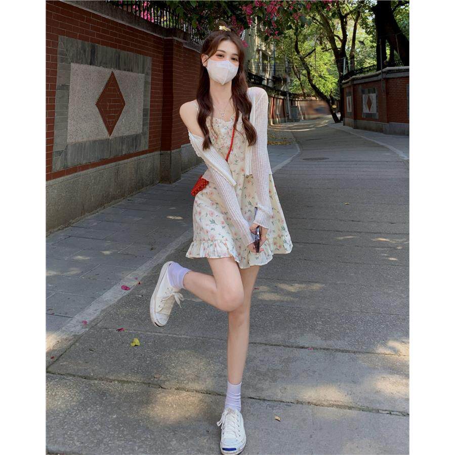 碎花吊带洋装女夏套装裙2026新款小个子法式初恋雪纺短裙两件套