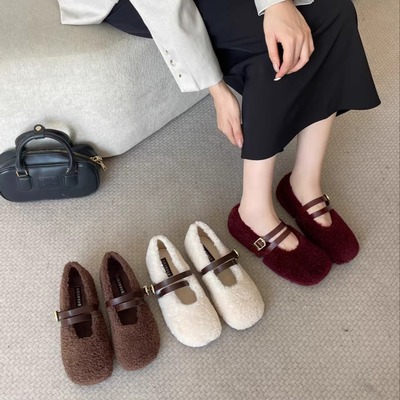 懒人一脚蹬羊羔毛软底毛毛鞋女秋冬外穿加绒玛丽珍单鞋保暖豆豆鞋