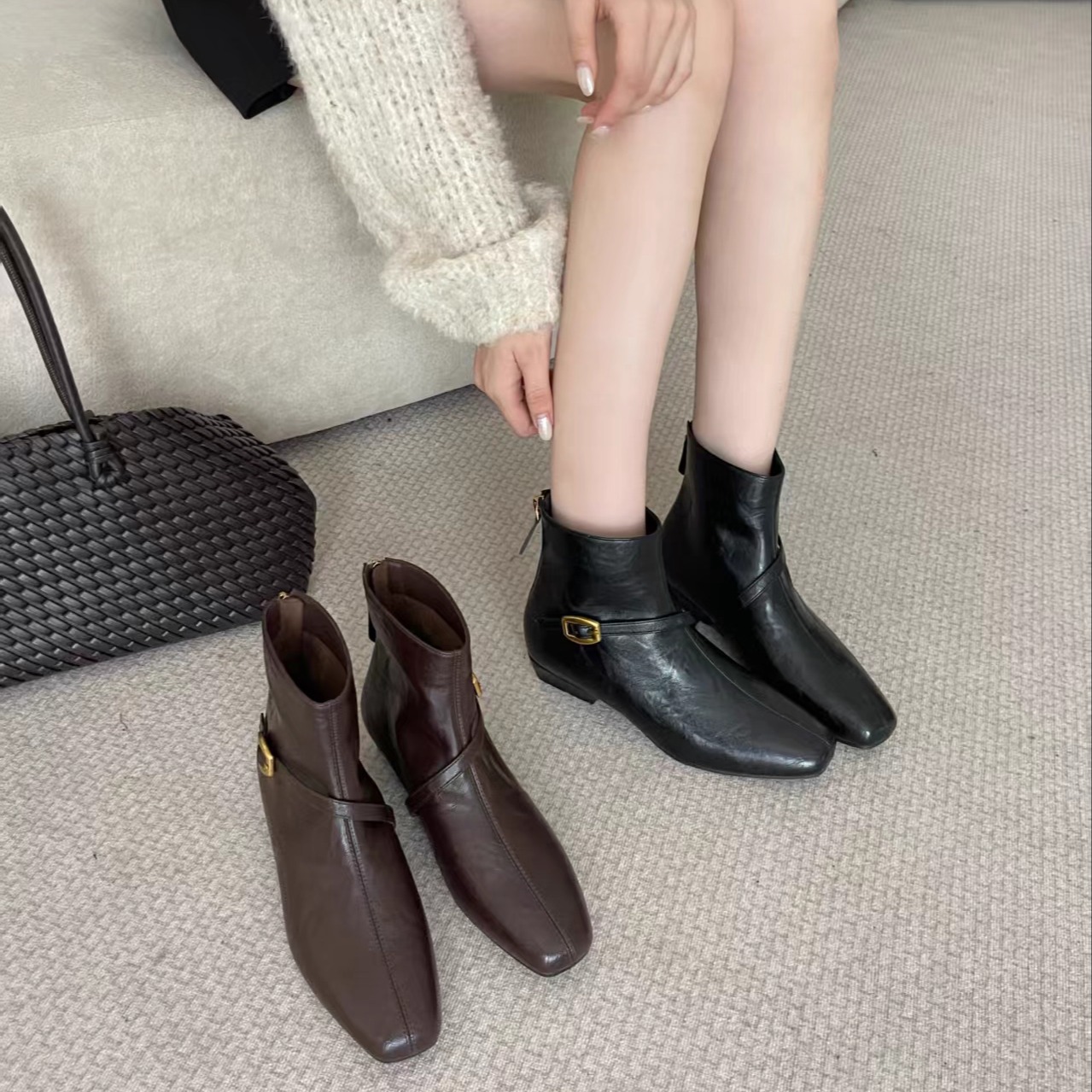 时尚方头短靴女2025年冬季新款加绒韩式气质粗跟瘦瘦靴洋气女靴子