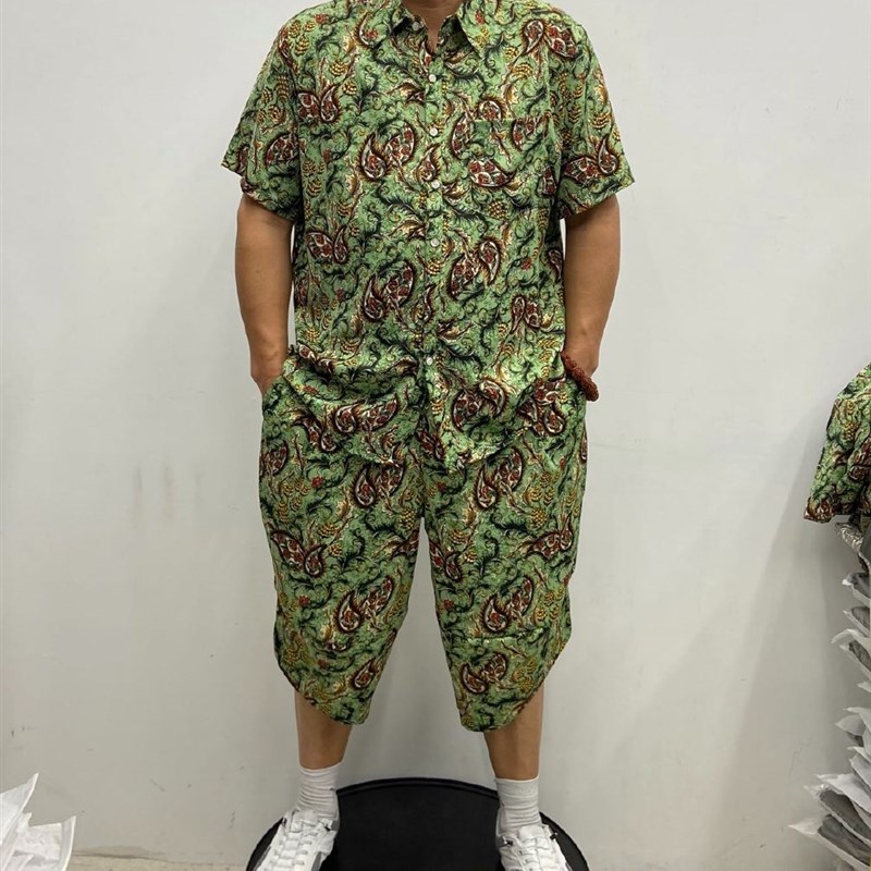 夏季男士半袖衬衫七分裤套装中青年宽松加肥薄款哈V伦短裤两件套