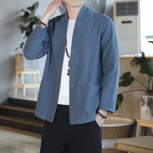 春季外套男青年唐装亚麻开衫外套茶服无扣N短褂汉服男装道袍披风