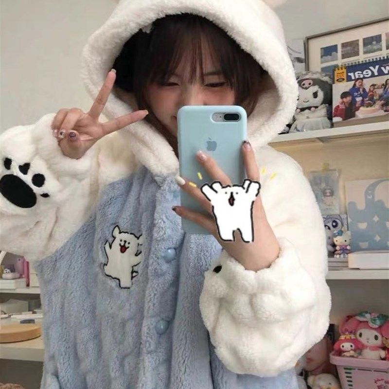 线条小狗情侣睡袍女m冬珊瑚绒加厚冬季睡袍可爱保暖睡衣外穿家居