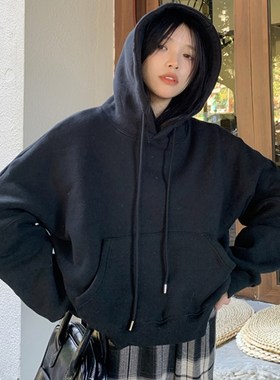 2024新款爆款短款连帽灰色卫衣女秋冬套头宽P松长袖韩系小个子上