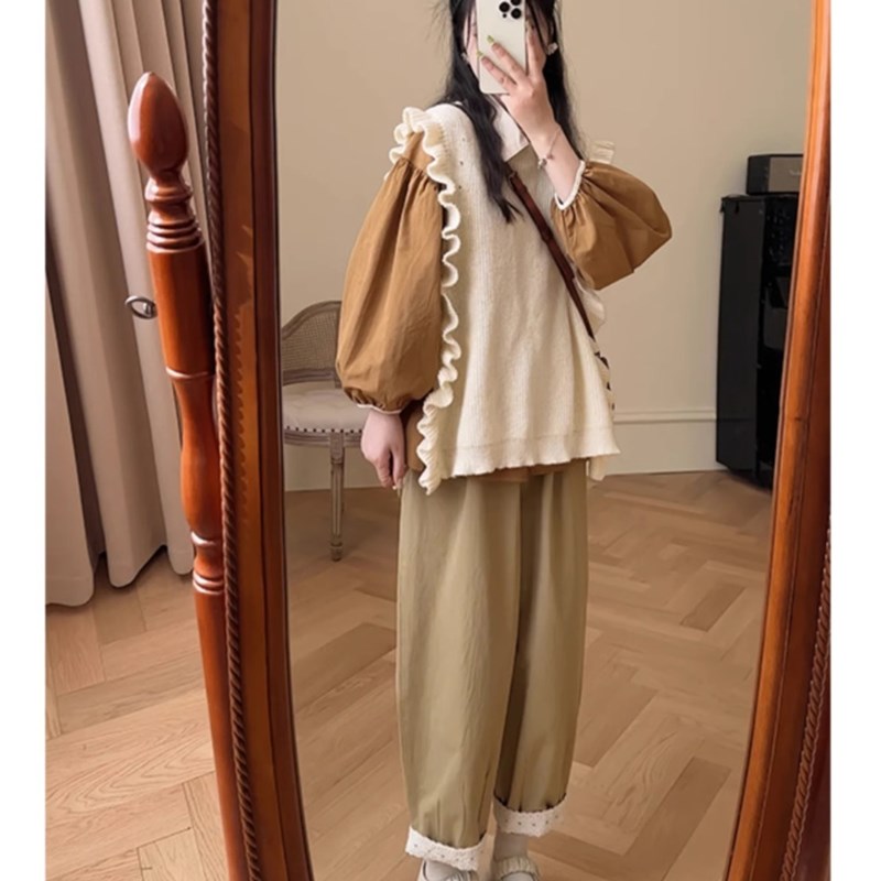 早秋套装胖妹妹女学院风盐系衬衫针织马甲外穿百U搭阔腿裤三件套