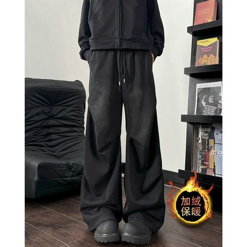 褶皱水洗弯刀裤子男2025夏季新款E加绒加厚保暖痞帅宽松直筒休闲