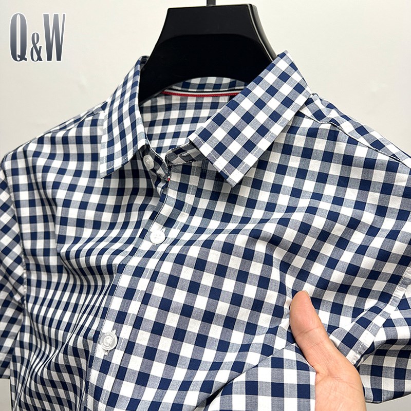 小格子100%衬衫男士短袖夏季休闲衬衣服男.款寸衣外套