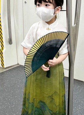 女童汉服古装超仙千里o江山马面裙小童儿童夏季薄款短袖绿色高端