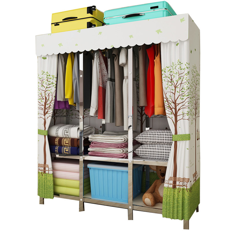 简易衣柜不锈钢钢架加厚钢管加粗加固布艺双人组S装家用收纳布衣