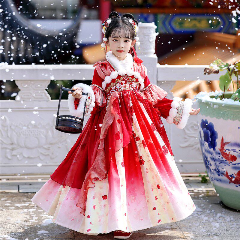 2025新款女童汉服秋冬装冬季儿童装过年拜年服中国V风古装公主裙