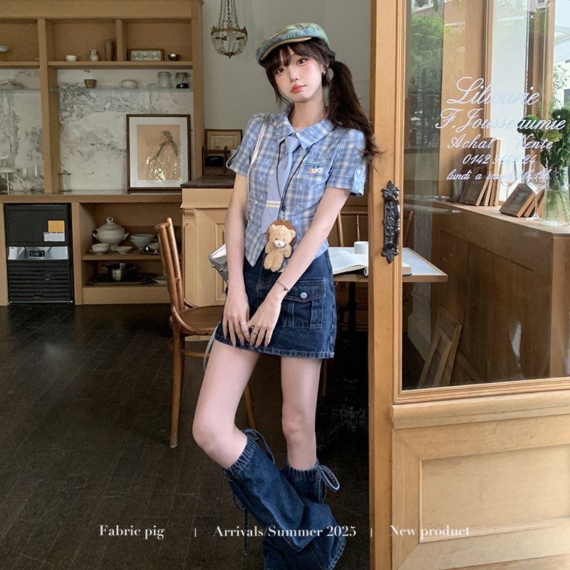 织物猪 桃汽少女 学院风蓝色格子衬衫H女夏季可爱修身显瘦短袖上
