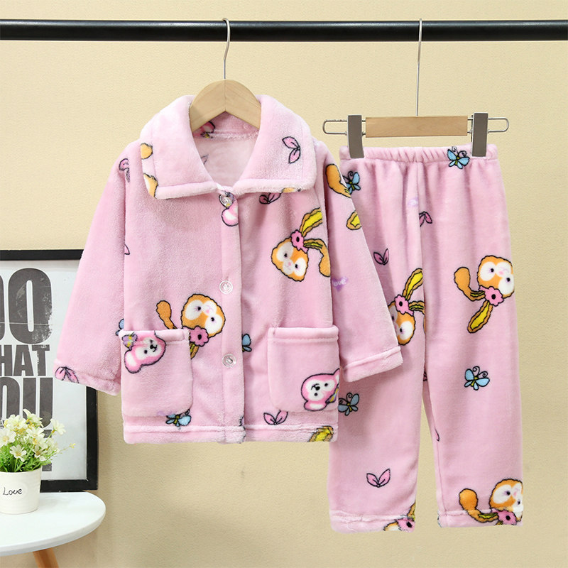 秋季冬款儿童睡衣法兰绒宝宝套装男女孩卡通N套头带帽中大童家居