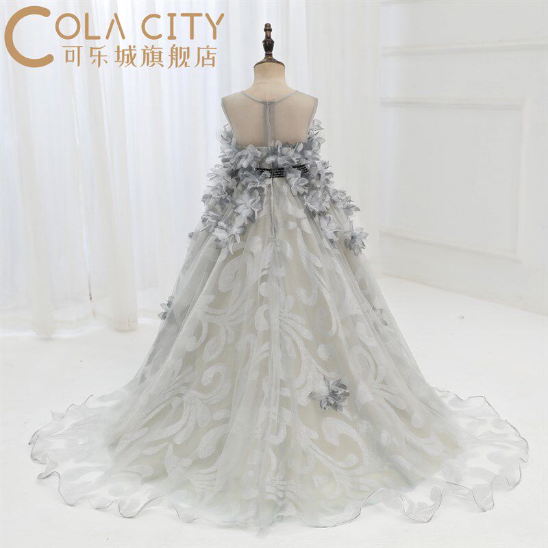 女童晚礼服拖尾儿童洋气公主裙中国D风新款T台模特走秀钢琴演出服