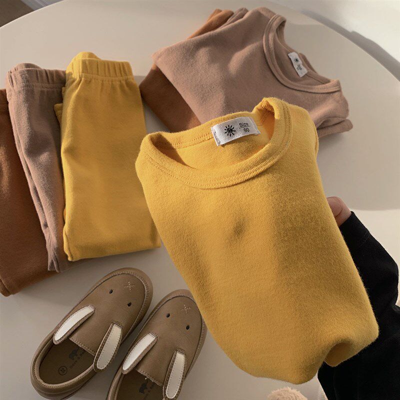 女童A类纯棉磨毛纯色男童秋衣秋裤套装家居服两件V套睡衣儿童内衣