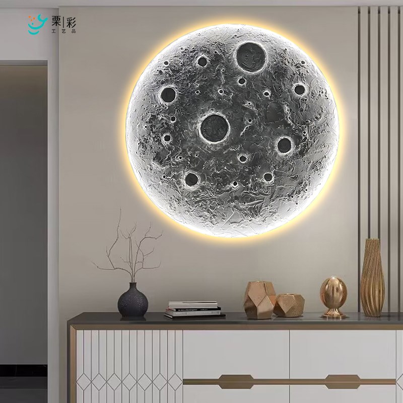 月球地球壁灯圆形过道走廊玄关挂画主卧背景墙P卧室带灯床头装饰图片
