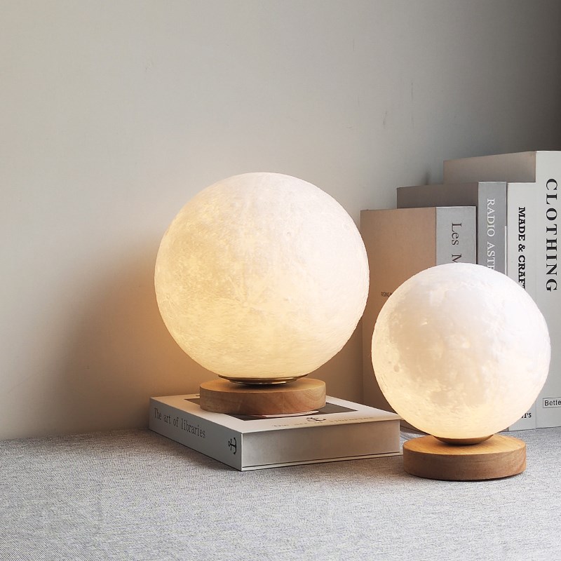 中古风原木月球台灯m创意儿童房间卧室床头小夜灯民宿书桌装饰台