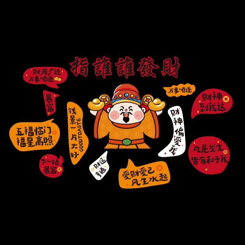 发财神墙贴纸画网红打卡拍照区氛围布置火锅烧Q烤餐饮文化背景装