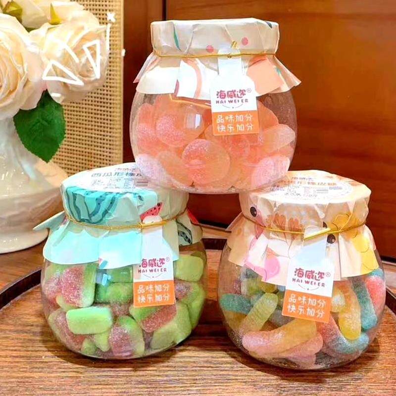 海威迩双色白桃味橡皮糖卷西瓜形双色虫形软糖水果味童年糖果零食