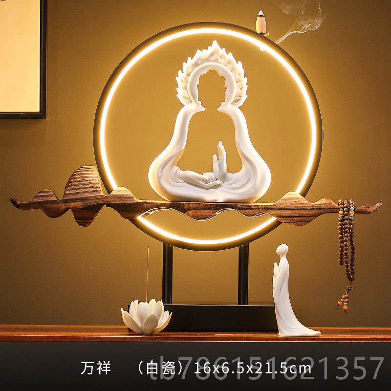高档新中式观灯音佛像禅意客摆件圈玄关厅创意陶瓷倒流香装饰艺工