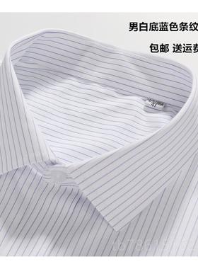 高档夏士白底蓝色细条纹短袖工装衬衫物业服银工作寸衫半袖行衬男