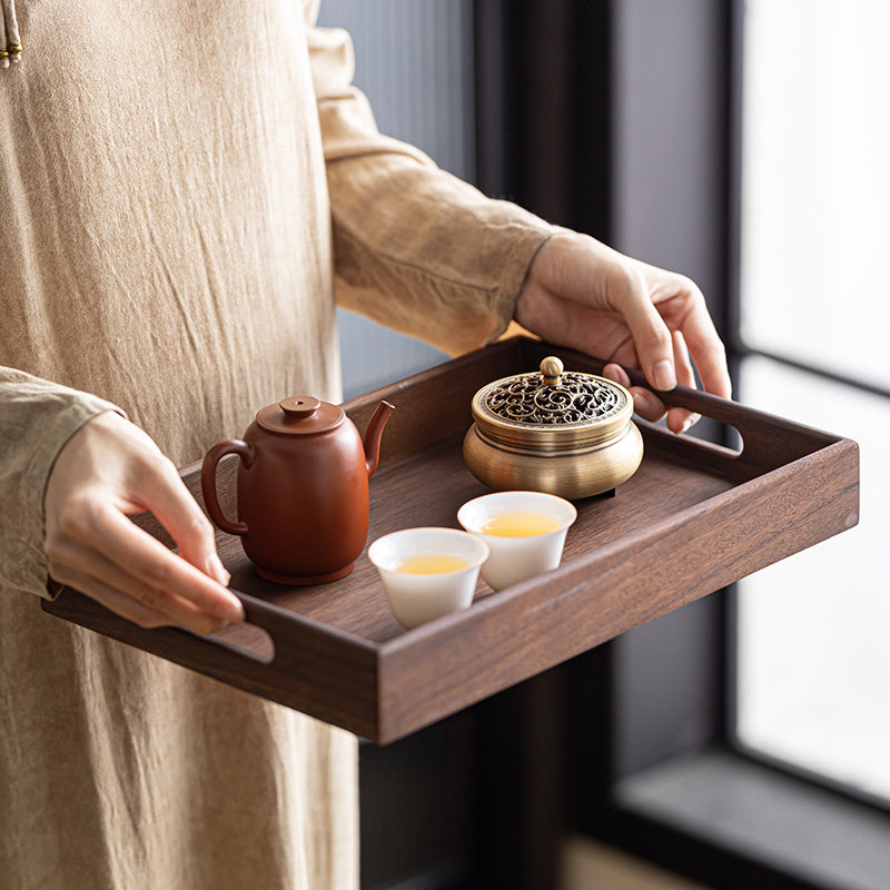 手提双耳胡桃木托盘茶具茶点收纳盘实木长方形点心盘家用茶几茶盘