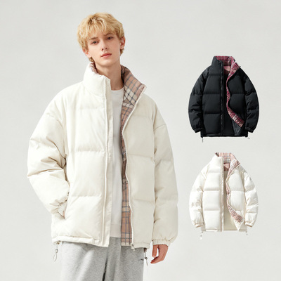 棉服男冬季宽松立领格子棉衣潮流休闲情侣保暖加厚外套棉袄男款