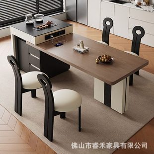 甄选全实木岛台餐桌椅组合家用一体可伸缩端复古岩板岛台餐桌吃饭