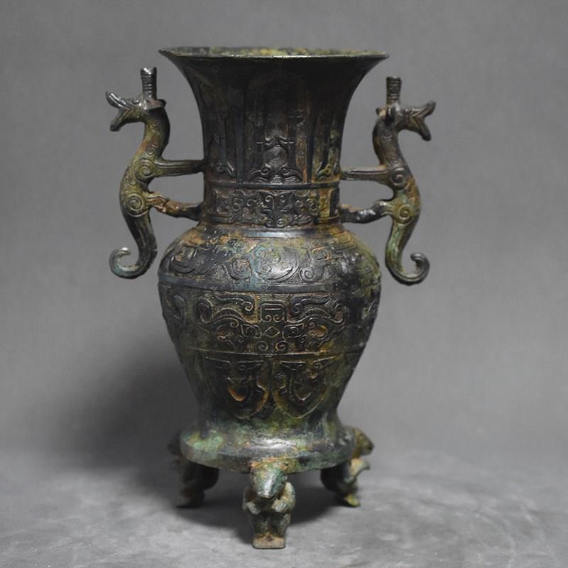 仿古青铜器双龙瓶铜瓶投壶工艺品摆件家居装饰复古博古架玄关
