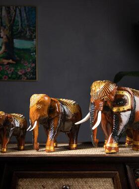 泰国整木雕刻大象摆件实木大象客厅桌面摆设玄关博古架电视柜装饰