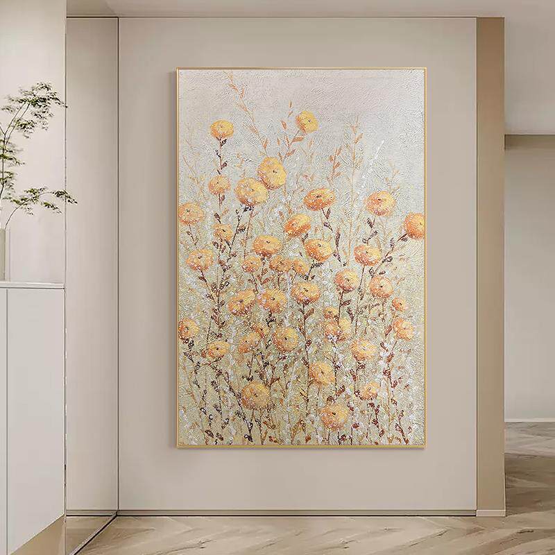 纯手绘油画金黄色花卉挂画竖版沙发侧挂壁画餐厅歺厅装饰画厚肌理